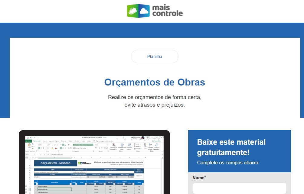 Landing page da Mais Controle