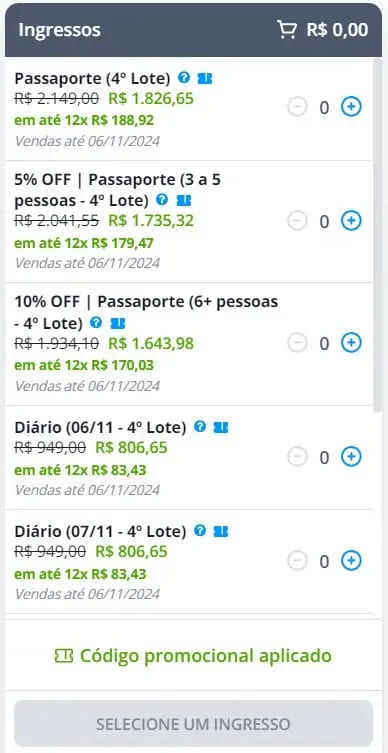 Valores no site do Sympla em julho/24, referentes ao 4º lote de ingressos com cupom E-Dialog aplicado