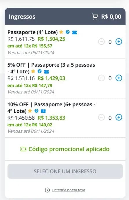 Valores no site do Sympla em julho/24, referentes ao 4º lote de ingressos com desconto de cliente e parceiro RD Station + cupom E-Dialog aplicado